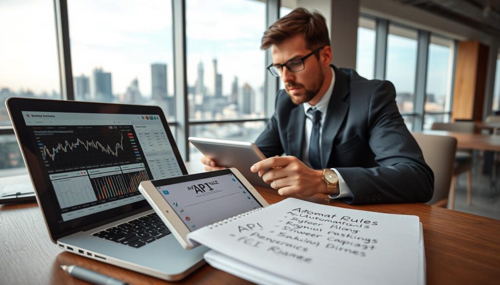 A modern office environment focused on betting exchange automation tools. In the foreground, a sleek laptop open to detailed graphs and charts illustrating betting odds and market trends. A digital tablet displaying an API interface, surrounded by a notepad with handwritten automation rules structured in neat bullet points. In the middle, a professional individual in business attire is intently analyzing the data on the laptop, with an expression of concentration. The background features a panoramic view of a city skyline through a large window, with soft, natural lighting that suggests a clear day. The mood is focused and innovative, highlighting the intersection of technology and finance in the betting exchange market. The perspective is a slightly elevated angle, emphasizing the tools in action while maintaining a clean and organized workspace. A modern office environment focused on betting exchange automation tools. In the foreground, a sleek laptop open to detailed graphs and charts illustrating betting odds and market trends. A digital tablet displaying an API interface, surrounded by a notepad with handwritten automation rules structured in neat bullet points. In the middle, a professional individual in business attire is intently analyzing the data on the laptop, with an expression of concentration. The background features a panoramic view of a city skyline through a large window, with soft, natural lighting that suggests a clear day. The mood is focused and innovative, highlighting the intersection of technology and finance in the betting exchange market. The perspective is a slightly elevated angle, emphasizing the tools in action while maintaining a clean and organized workspace.