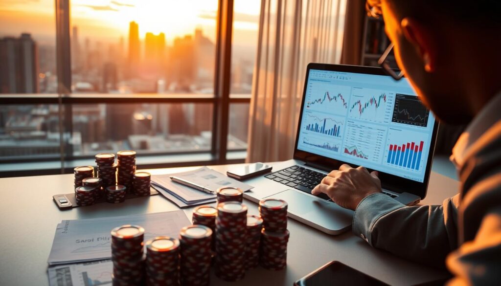 A professional workspace depicting bankroll management and tilt control strategies. In the foreground, a person in business attire intently analyzing charts and graphs displayed on a modern laptop, reflecting strategic decision-making. In the middle ground, a table filled with stacks of poker chips and financial documents symbolizing bankroll analysis. In the background, a window overlooking a city skyline at twilight, casting a warm golden light into the room. Soft, diffused lighting enhances the focused atmosphere, emphasizing seriousness and determination. The overall mood is one of contemplation and strategic planning, with a slight tension reflecting the challenges of drawdown stretches in financial markets. The perspective is slightly angled from above, allowing a comprehensive view of the workspace.