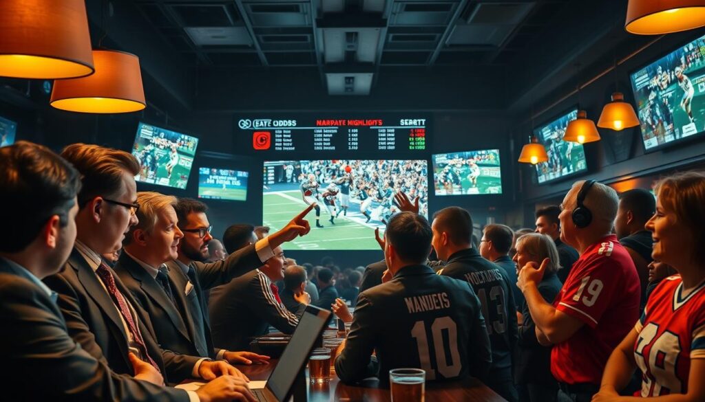 A vibrant scene capturing the essence of sports betting narrative bias. In the foreground, a diverse group of well-dressed sports analysts and enthusiastic bettors, engaged in animated discussion, pointing at screens displaying fluctuating odds and game highlights. The middle ground features a large, digital screen showcasing compelling sports highlights, flanked by enthusiastic fans wearing jerseys, reflecting excitement and tension. The background reveals a bustling sports bar filled with patrons watching marquee games, illuminated by soft lights creating an electric atmosphere. The setting is slightly dark, with sharp contrasts to highlight the vibrancy of the interactions. A warm glow from overhead lamps adds to the cozy yet intense ambiance, conveying a sense of urgency and anticipation surrounding overreactions to media hype.
