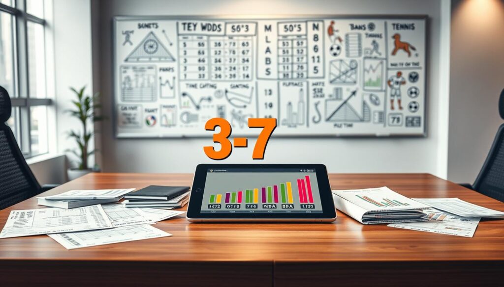 A visually engaging scene depicting the concept of key numbers in football betting analysis. In the foreground, a sleek, polished wooden table displays various betting slips, odds charts, and a digital tablet showing graphs of movement for NFL, NBA, and tennis. In the middle layer, a stylized representation of key numbers—like 3, 7 for NFL, and possession bands for NBA—appears vividly illustrated next to the betting items. In the background, a modern office setting features a large whiteboard filled with calculated betting strategies and symbolic sports imagery. Soft, focused lighting highlights the table while the background remains slightly blurred. The atmosphere feels analytical and strategic, emphasizing a professional vibe suitable for sports analytics. A visually engaging scene depicting the concept of key numbers in football betting analysis. In the foreground, a sleek, polished wooden table displays various betting slips, odds charts, and a digital tablet showing graphs of movement for NFL, NBA, and tennis. In the middle layer, a stylized representation of key numbers—like 3, 7 for NFL, and possession bands for NBA—appears vividly illustrated next to the betting items. In the background, a modern office setting features a large whiteboard filled with calculated betting strategies and symbolic sports imagery. Soft, focused lighting highlights the table while the background remains slightly blurred. The atmosphere feels analytical and strategic, emphasizing a professional vibe suitable for sports analytics.