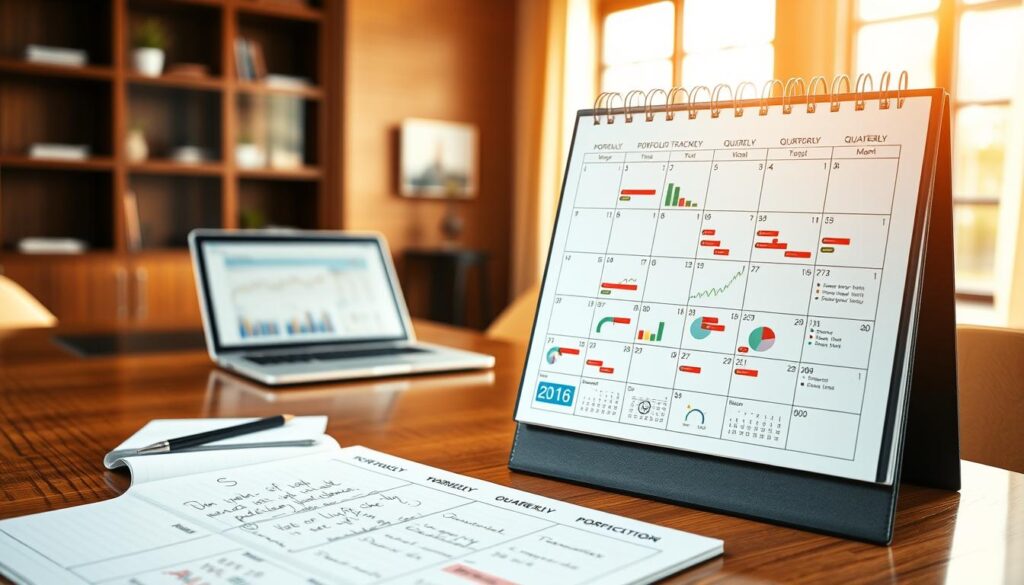 A visually striking monthly and quarterly portfolio tracking calendar, showcased prominently in the foreground, with a clean and organized layout featuring colorful graphs, pie charts, and data points representing financial metrics. In the middle ground, a sophisticated workspace with a polished wooden desk, a modern laptop displaying portfolio performance, and a notepad with handwritten notes on diversification strategies. The background features a large window with natural light streaming in, illuminating the room and creating a warm, professional atmosphere. The scene conveys productivity and precision, ideal for a financial setting. Use soft lighting for an inviting feel, shot from a slightly elevated angle to capture the calendar's details clearly while maintaining the workspace's context.