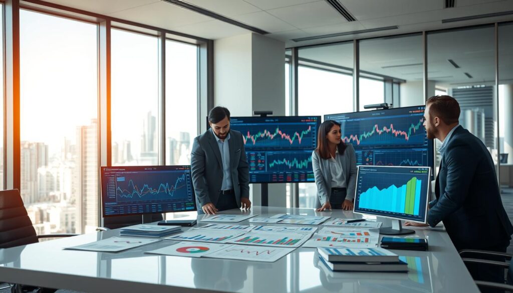 A visually striking representation of portfolio hedging diversification set in a well-lit, modern office environment. In the foreground, a diverse group of three professionals, two men and one woman, dressed in professional business attire, are actively discussing financial charts and graphs spread out on a sleek conference table. In the middle ground, various digital screens display fluctuating markets and asset allocations, emphasizing the themes of time horizons and uncorrelated outcomes, each showcasing vibrant colors to represent different sectors. The background features large windows with a view of a bustling cityscape, symbolizing the broader economic landscape. The lighting is bright and natural, coming from the windows, conveying a mood of optimism and focus on strategic decision-making in futures portfolio design. The camera angle is slightly elevated, capturing the dynamic interaction between the individuals and their financial tools. A visually striking representation of portfolio hedging diversification set in a well-lit, modern office environment. In the foreground, a diverse group of three professionals, two men and one woman, dressed in professional business attire, are actively discussing financial charts and graphs spread out on a sleek conference table. In the middle ground, various digital screens display fluctuating markets and asset allocations, emphasizing the themes of time horizons and uncorrelated outcomes, each showcasing vibrant colors to represent different sectors. The background features large windows with a view of a bustling cityscape, symbolizing the broader economic landscape. The lighting is bright and natural, coming from the windows, conveying a mood of optimism and focus on strategic decision-making in futures portfolio design. The camera angle is slightly elevated, capturing the dynamic interaction between the individuals and their financial tools.