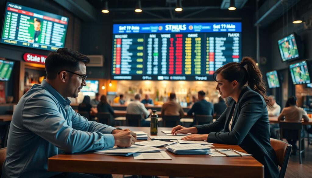 A visually striking representation of sports betting concepts centered on "middle bets." In the foreground, depict a diverse group of three individuals, two men and one woman, engaged in focused discussion over a table covered with betting slips and sports statistics. The men wear professional attire, while the woman dons smart casual clothing. In the middle ground, showcase a large digital screen displaying fluctuating betting lines and scoreboards to convey the dynamic nature of sports betting. The background features a cozy, well-lit sports bar atmosphere, with people watching games on multiple screens. Use soft lighting to create a warm, inviting mood that reflects the excitement of strategic betting. Capture this scene from a slightly elevated angle to provide depth and context. A visually striking representation of sports betting concepts centered on "middle bets." In the foreground, depict a diverse group of three individuals, two men and one woman, engaged in focused discussion over a table covered with betting slips and sports statistics. The men wear professional attire, while the woman dons smart casual clothing. In the middle ground, showcase a large digital screen displaying fluctuating betting lines and scoreboards to convey the dynamic nature of sports betting. The background features a cozy, well-lit sports bar atmosphere, with people watching games on multiple screens. Use soft lighting to create a warm, inviting mood that reflects the excitement of strategic betting. Capture this scene from a slightly elevated angle to provide depth and context.