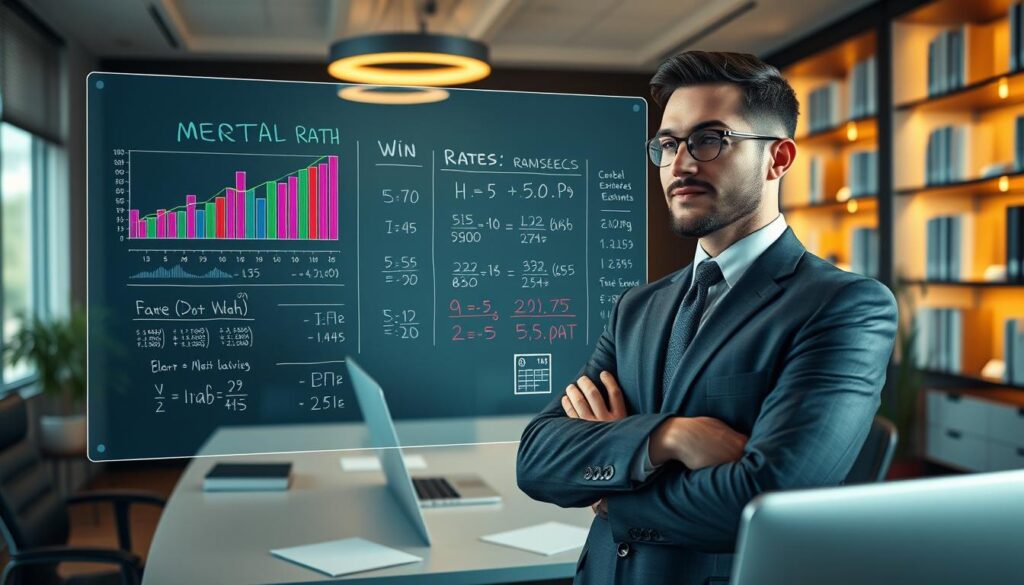 A detailed illustration of a mental math win probability model, set in a professional office environment. In the foreground, a confident business professional, dressed in smart attire, is interacting with a transparent touchscreen display, showcasing colorful graphs and charts of win rates and probabilities. The middle layer features a large digital whiteboard with formulas and calculations, emphasizing the concept of estimating true win rates. In the background, a sleek desk and bookshelves filled with financial literature and models are softly illuminated by warm office lighting. The atmosphere is focused and analytical, conveying a sense of productivity and insight. The scene is shot from a slight angle to enhance depth and interest, with a depth of field effect blurring the background slightly for emphasis on the subject. A detailed illustration of a mental math win probability model, set in a professional office environment. In the foreground, a confident business professional, dressed in smart attire, is interacting with a transparent touchscreen display, showcasing colorful graphs and charts of win rates and probabilities. The middle layer features a large digital whiteboard with formulas and calculations, emphasizing the concept of estimating true win rates. In the background, a sleek desk and bookshelves filled with financial literature and models are softly illuminated by warm office lighting. The atmosphere is focused and analytical, conveying a sense of productivity and insight. The scene is shot from a slight angle to enhance depth and interest, with a depth of field effect blurring the background slightly for emphasis on the subject.