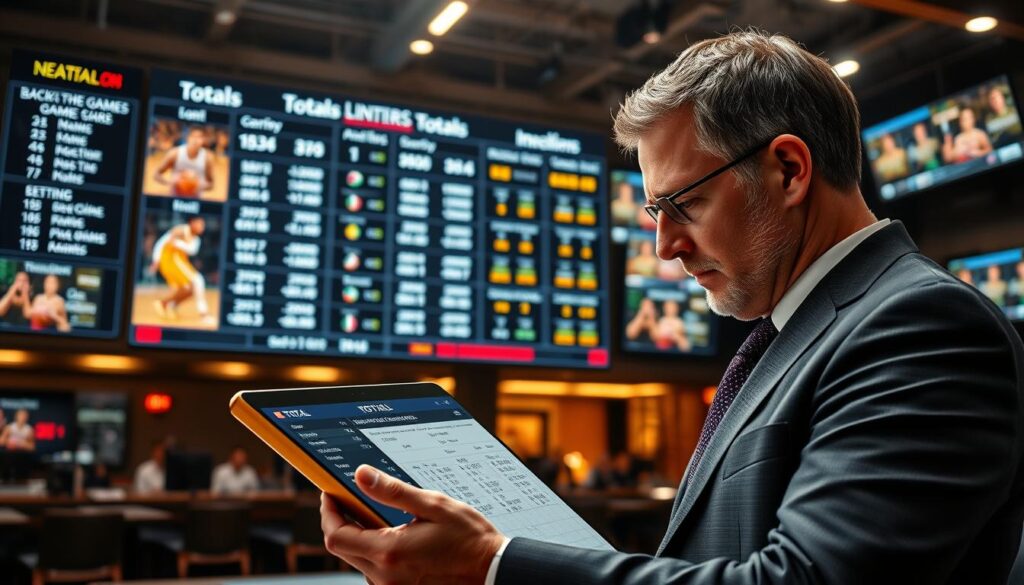A dynamic and insightful scene illustrating basketball totals betting analysis. In the foreground, a professional analyst in business attire studies a detailed chart displaying game totals and statistics, with a tablet showing data and odds. In the middle ground, a large digital board showcases recent game scores and total points, interspersed with icons representing back-to-back games and betting limits. The background features a well-lit sports bar or analytics room, filled with monitors showing live basketball games, highlighting the electric atmosphere of sports betting. The lighting is bright and focused, creating a sense of urgency and excitement. The overall mood is analytical and intense, capturing the essence of detailed sports analysis.