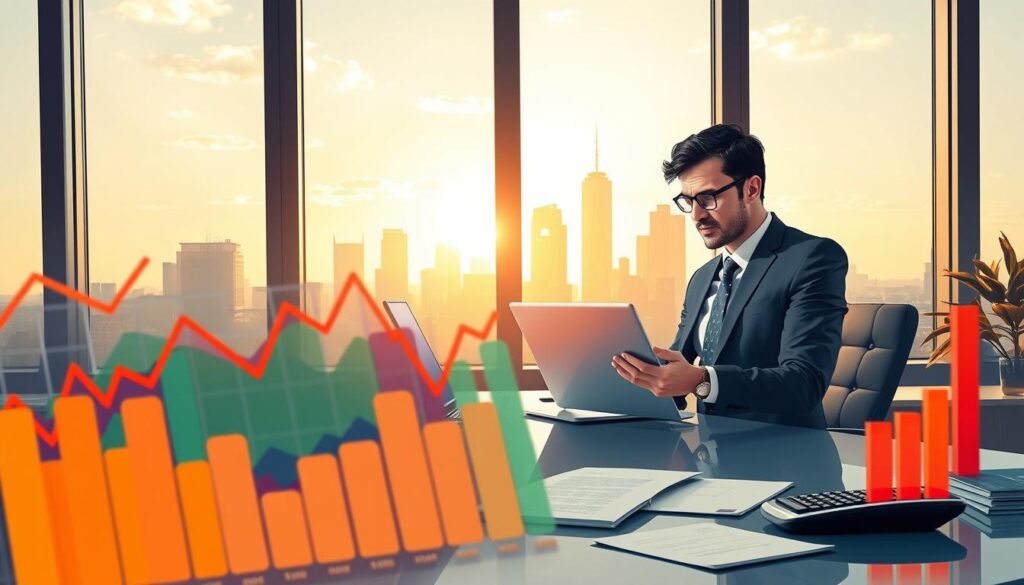 A dynamic illustration depicting the concept of "ROI variance betting," set in a modern financial office environment. In the foreground, an array of colorful graphs and charts showcasing betting variance and ROI statistics, with upward trends indicated. In the middle ground, a focused professional, dressed in a tailored suit, is analyzing data on a laptop, framed by a sleek desk with financial documents and a calculator. The background features a large window revealing a city skyline bathed in warm sunlight, casting gentle shadows. The overall mood is vibrant yet serious, emphasizing the intersection of sports betting analytics and financial growth. Soft, diffused lighting highlights the subject and data, while maintaining a clean and professional atmosphere.