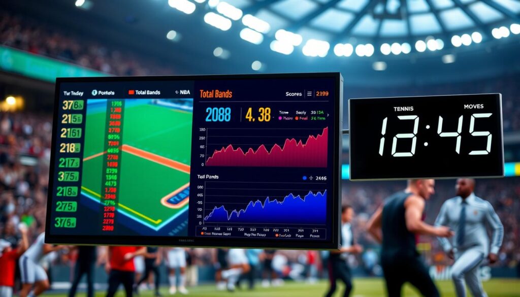 A dynamic sports analytics scene featuring a visually striking split-screen design. In the foreground, a detailed digital display shows key football statistics, highlighted numbers representing key points and line movements. In the middle section, vibrant graphics depict NBA total bands, with colorful charts and animated arrows indicating upward and downward trends in scores. On the right, a sleek digital clock shows overnight tennis moves, emphasizing rapid changes in betting lines. The background features a blurred sports arena atmosphere, with crowd lights and action shots of players in professional attire, creating an engaging, energetic mood. Soft ambient lighting, with a focus on the display kept bright, invokes a sense of urgency and excitement, perfect for a professional analysis of sports betting trends. A dynamic sports analytics scene featuring a visually striking split-screen design. In the foreground, a detailed digital display shows key football statistics, highlighted numbers representing key points and line movements. In the middle section, vibrant graphics depict NBA total bands, with colorful charts and animated arrows indicating upward and downward trends in scores. On the right, a sleek digital clock shows overnight tennis moves, emphasizing rapid changes in betting lines. The background features a blurred sports arena atmosphere, with crowd lights and action shots of players in professional attire, creating an engaging, energetic mood. Soft ambient lighting, with a focus on the display kept bright, invokes a sense of urgency and excitement, perfect for a professional analysis of sports betting trends.