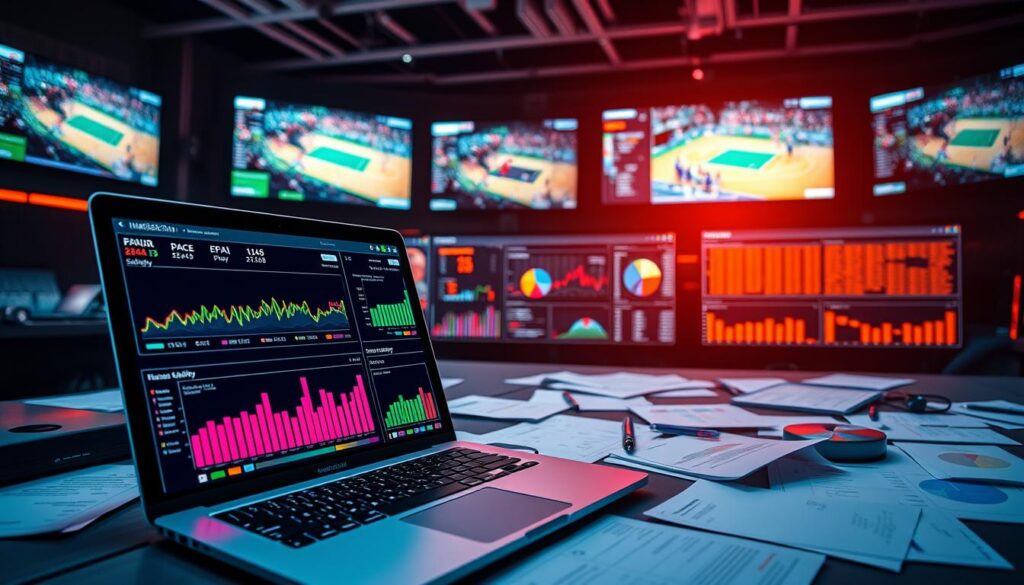 A dynamic visualization of feature engineering in sports analytics, showcasing a high-tech workspace filled with data charts and graphs. In the foreground, a laptop displays detailed metrics like pace, EPA/play, serve statistics, and shot quality, highlighted in vibrant colors. The middle ground features an analytical dashboard with visualizations, such as bar graphs and pie charts, comparing different sports data. In the background, large screens show live sports footage, creating an atmosphere of deep focus and innovation. Soft, even lighting illuminates the workspace, highlighting the sleek design of the equipment and papers scattered around. The overall mood is professional and engaging, evoking a sense of cutting-edge analysis in a modern sports environment. A dynamic visualization of feature engineering in sports analytics, showcasing a high-tech workspace filled with data charts and graphs. In the foreground, a laptop displays detailed metrics like pace, EPA/play, serve statistics, and shot quality, highlighted in vibrant colors. The middle ground features an analytical dashboard with visualizations, such as bar graphs and pie charts, comparing different sports data. In the background, large screens show live sports footage, creating an atmosphere of deep focus and innovation. Soft, even lighting illuminates the workspace, highlighting the sleek design of the equipment and papers scattered around. The overall mood is professional and engaging, evoking a sense of cutting-edge analysis in a modern sports environment.