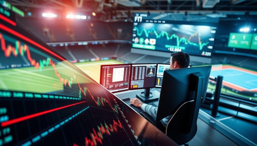 A dynamic visualization of sport-specific micro-markets, featuring NFL drives, NBA runs, and tennis break points. In the foreground, focus on a digital trading platform with graphs and statistics overlaid, with an angular view showcasing real-time data feeds. The middle ground reveals a sports betting analyst working intently at a sleek computer, dressed in professional business attire, analyzing data with multiple screens around. The background captures various sports arenas—a football field, a basketball court, and a tennis court—linking the sports visually. Bright, focused lighting emphasizes the screens, creating a sharp contrast with a slightly blurred ambient atmosphere to reflect urgency and excitement. The overall mood conveys a sense of high-stakes analysis and precision timing in the sports betting landscape. A dynamic visualization of sport-specific micro-markets, featuring NFL drives, NBA runs, and tennis break points. In the foreground, focus on a digital trading platform with graphs and statistics overlaid, with an angular view showcasing real-time data feeds. The middle ground reveals a sports betting analyst working intently at a sleek computer, dressed in professional business attire, analyzing data with multiple screens around. The background captures various sports arenas—a football field, a basketball court, and a tennis court—linking the sports visually. Bright, focused lighting emphasizes the screens, creating a sharp contrast with a slightly blurred ambient atmosphere to reflect urgency and excitement. The overall mood conveys a sense of high-stakes analysis and precision timing in the sports betting landscape.