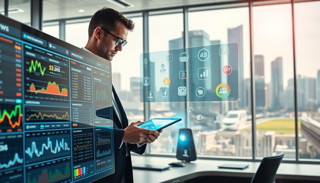 A futuristic office space showcasing the concept of "projections and news pipeline." In the foreground, a sleek digital dashboard displays sports statistics and news updates, with vibrant graphs and charts visualizing data trends. The middle layer features a focused analyst in professional business attire, intently reviewing projections on a touchscreen interface, surrounded by holographic displays of various sports symbols. In the background, large windows reveal a bustling city skyline under bright, natural daylight, creating an open and energetic atmosphere. Soft ambient lighting enhances the tech-savvy feel, while a slight lens flare adds to the professionalism. The entire scene conveys urgency and innovation in sports betting analytics, with a blend of realism and high-tech elements.