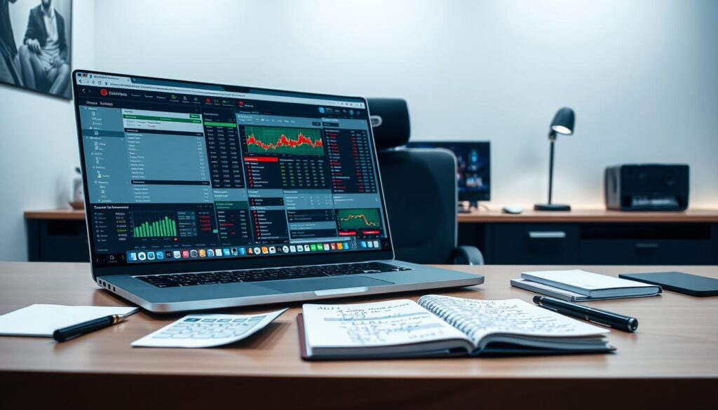 A modern desktop workspace showcasing a multi-tab workflow dedicated to online betting. In the foreground, a sleek laptop is open, displaying multiple browser tabs with detailed odds and betting options. On the screen, vibrant graphs and real-time statistics are visible, illustrating a dynamic betting interface. Scattered around the desk are odds widgets and betting calculators, all seamlessly integrated into the workflow. The middle ground features a stylish office chair and a notepad filled with handwritten notes. In the background, soft diffused lighting highlights a clean and organized workspace, enhancing the focused atmosphere. The overall mood conveys productivity, efficiency, and a high-tech approach to betting. The perspective is slightly above the desk level, showcasing the dynamic interaction with technology in a professional setting. A modern desktop workspace showcasing a multi-tab workflow dedicated to online betting. In the foreground, a sleek laptop is open, displaying multiple browser tabs with detailed odds and betting options. On the screen, vibrant graphs and real-time statistics are visible, illustrating a dynamic betting interface. Scattered around the desk are odds widgets and betting calculators, all seamlessly integrated into the workflow. The middle ground features a stylish office chair and a notepad filled with handwritten notes. In the background, soft diffused lighting highlights a clean and organized workspace, enhancing the focused atmosphere. The overall mood conveys productivity, efficiency, and a high-tech approach to betting. The perspective is slightly above the desk level, showcasing the dynamic interaction with technology in a professional setting.