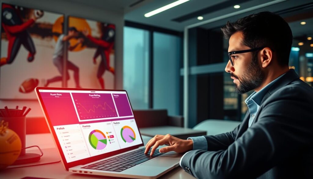 A modern digital workspace featuring a sleek parlay calculator interface on a high-resolution laptop screen, illuminated by soft, ambient lighting. In the foreground, a focused bettor in smart casual attire analyzes the screen, with a thoughtful expression. The middle ground includes contrasting charts and graphs illustrating the mechanics of round robin betting versus traditional parlays, with vibrant colors and clear indicators of risk and reward. The background features a sophisticated office setting, complete with abstract sports-themed artwork on the walls and a large window revealing a bustling cityscape. The mood is professional yet engaged, highlighting the analytical nature of sports betting strategy. A modern digital workspace featuring a sleek parlay calculator interface on a high-resolution laptop screen, illuminated by soft, ambient lighting. In the foreground, a focused bettor in smart casual attire analyzes the screen, with a thoughtful expression. The middle ground includes contrasting charts and graphs illustrating the mechanics of round robin betting versus traditional parlays, with vibrant colors and clear indicators of risk and reward. The background features a sophisticated office setting, complete with abstract sports-themed artwork on the walls and a large window revealing a bustling cityscape. The mood is professional yet engaged, highlighting the analytical nature of sports betting strategy.