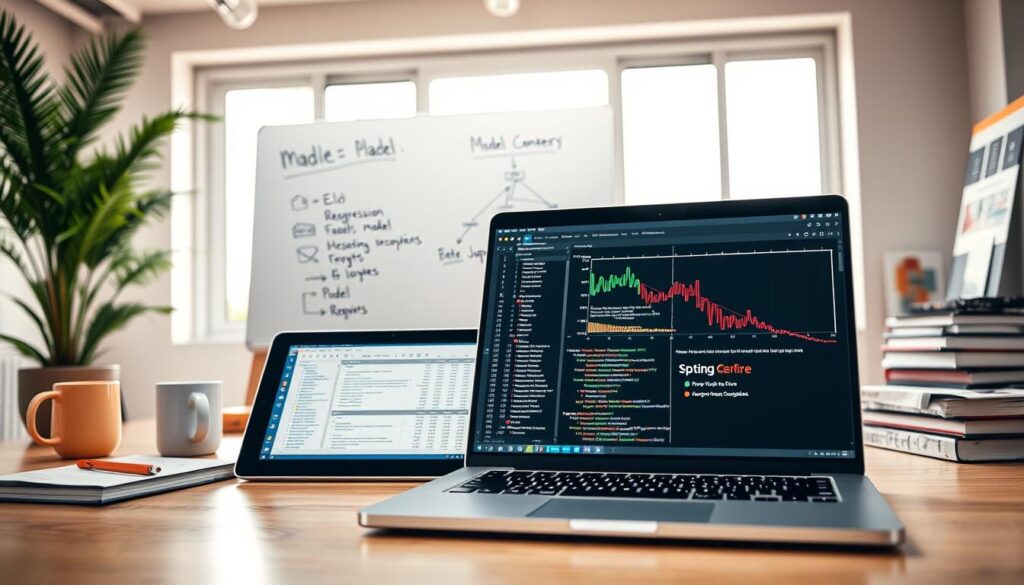 A modern office workspace showcasing a "reproducible notebooks tool stack". In the foreground, a sleek laptop displays an open Jupyter Notebook, showcasing vibrant, colorful graphs and mathematical equations on a dark background. Beside it, a tablet shows a crisp spreadsheet filled with sports statistics and betting data. In the middle ground, a whiteboard features a flowchart illustrating model comparisons: Elo, Poisson, and Regression methods. The background captures a well-lit room with a large window, allowing soft, natural light to illuminate the space, creating a warm and productive atmosphere. Elements like a potted plant, coffee mug, and technical books add to the professional vibe. The angle is slightly elevated, offering a dynamic perspective on the workspace, emphasizing the balance between spreadsheets and programming tools. A modern office workspace showcasing a "reproducible notebooks tool stack". In the foreground, a sleek laptop displays an open Jupyter Notebook, showcasing vibrant, colorful graphs and mathematical equations on a dark background. Beside it, a tablet shows a crisp spreadsheet filled with sports statistics and betting data. In the middle ground, a whiteboard features a flowchart illustrating model comparisons: Elo, Poisson, and Regression methods. The background captures a well-lit room with a large window, allowing soft, natural light to illuminate the space, creating a warm and productive atmosphere. Elements like a potted plant, coffee mug, and technical books add to the professional vibe. The angle is slightly elevated, offering a dynamic perspective on the workspace, emphasizing the balance between spreadsheets and programming tools.