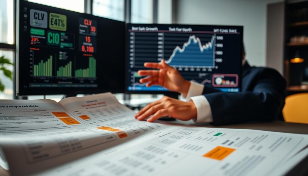 A professional business analyst, dressed in a smart suit, intently reviewing data on a dual-monitor setup. The foreground showcases a close-up of spreadsheets filled with figures, with highlighted areas illustrating positive CLV and negative ROI metrics. In the middle, the analyst gestures towards a graph on the screen that depicts a downward trend, indicating a potential leak in bankroll growth. The background features a modern office environment with soft lighting, creating a focused atmosphere. A large window allows natural light to filter in, casting subtle shadows. The overall mood conveys a sense of urgency and determination, as the analyst strives to pinpoint critical variances in financial performance.