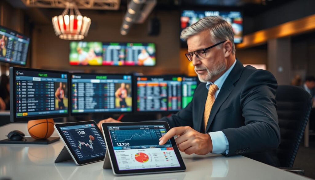 A professional sports analyst seated at a modern desk, intently reviewing various player props on multiple screens displaying sportsbook lines. In the foreground, a tablet with detailed player statistics and betting odds. The middle area showcases financial graphs and sports equipment, such as a basketball and football, symbolizing different sports. In the background, blurred images of a lively sports bar with patrons watching games create an energetic atmosphere. Soft, focused lighting highlights the analyst's concentrated expression, captured with a shallow depth of field to emphasize the comparison of odds. The scene conveys a serious yet dynamic mood, reflecting the tactical nature of line shopping in sports betting.