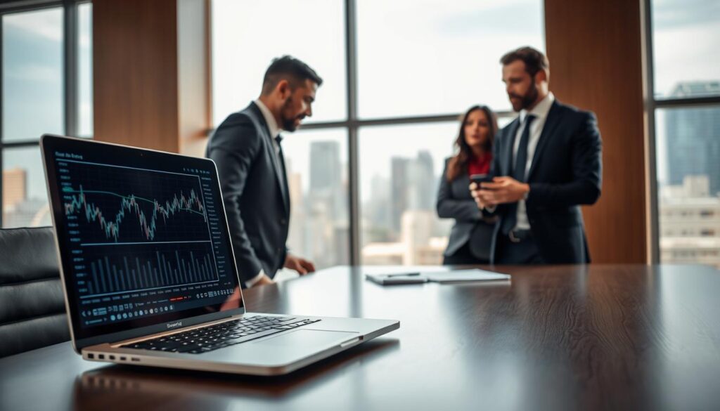 A professional workspace depicting "Reverse Line Movement Analysis." In the foreground, a sleek, modern desk with a high-tech laptop displaying dynamic line graphs and data points related to sports betting. In the middle ground, a group of three diverse professionals in business attire engaged in discussion, analyzing the data on the screen, their expressions focused and intrigued. The background features a large window with a city skyline view, allowing soft, natural light to illuminate the scene, creating a warm, inviting atmosphere. The overall mood is collaborative and analytical, emphasizing data-driven decision-making and strategy formulation in a professional context.