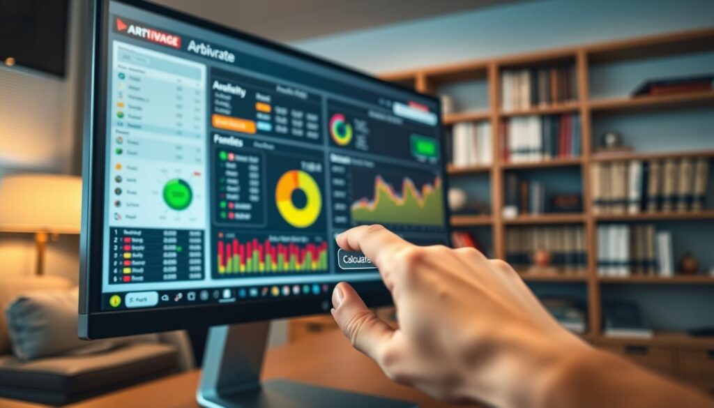 A sleek, modern arbitrage calculator interface displayed on a high-resolution computer screen, focusing on a clean layout with colorful graphs, data tables, and statistical indicators. In the foreground, a close-up view of a hand cursor hovering over a 'Calculate' button, showcasing user interaction. The middle ground features a sophisticated dashboard with pie charts and line graphs illustrating betting odds and market analysis. In the background, a softly lit office environment with a blurred bookshelf filled with finance and betting books, creating a professional atmosphere. Ambient lighting casts a warm glow, highlighting the interface and giving a sense of focus and clarity to the viewer. The overall mood is analytical and innovative, reflecting the precision of arbitrage betting strategies. A sleek, modern arbitrage calculator interface displayed on a high-resolution computer screen, focusing on a clean layout with colorful graphs, data tables, and statistical indicators. In the foreground, a close-up view of a hand cursor hovering over a 'Calculate' button, showcasing user interaction. The middle ground features a sophisticated dashboard with pie charts and line graphs illustrating betting odds and market analysis. In the background, a softly lit office environment with a blurred bookshelf filled with finance and betting books, creating a professional atmosphere. Ambient lighting casts a warm glow, highlighting the interface and giving a sense of focus and clarity to the viewer. The overall mood is analytical and innovative, reflecting the precision of arbitrage betting strategies.