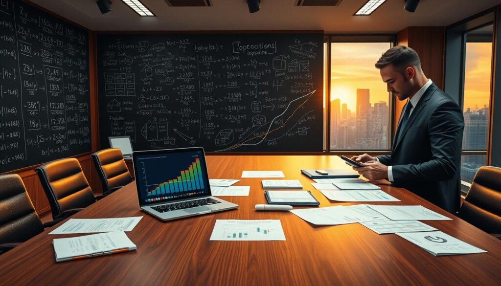 A sophisticated office setting featuring a large, sleek wooden table covered with financial documents, charts, and a laptop displaying a colorful graph indicating implied probabilities and break-even percentages. In the foreground, a focused business professional in a smart suit is intently analyzing the documents, with a calculator in hand. The middle ground showcases a chalkboard filled with mathematical equations and financial formulas, illuminated by soft overhead lighting that creates a warm yet professional atmosphere. In the background, a large window reveals a city skyline bathed in the golden glow of sunset, adding depth to the scene. The overall mood is one of analytical contemplation and strategic thinking, perfect for illustrating the concepts of implied probability and break-even analysis. A sophisticated office setting featuring a large, sleek wooden table covered with financial documents, charts, and a laptop displaying a colorful graph indicating implied probabilities and break-even percentages. In the foreground, a focused business professional in a smart suit is intently analyzing the documents, with a calculator in hand. The middle ground showcases a chalkboard filled with mathematical equations and financial formulas, illuminated by soft overhead lighting that creates a warm yet professional atmosphere. In the background, a large window reveals a city skyline bathed in the golden glow of sunset, adding depth to the scene. The overall mood is one of analytical contemplation and strategic thinking, perfect for illustrating the concepts of implied probability and break-even analysis.