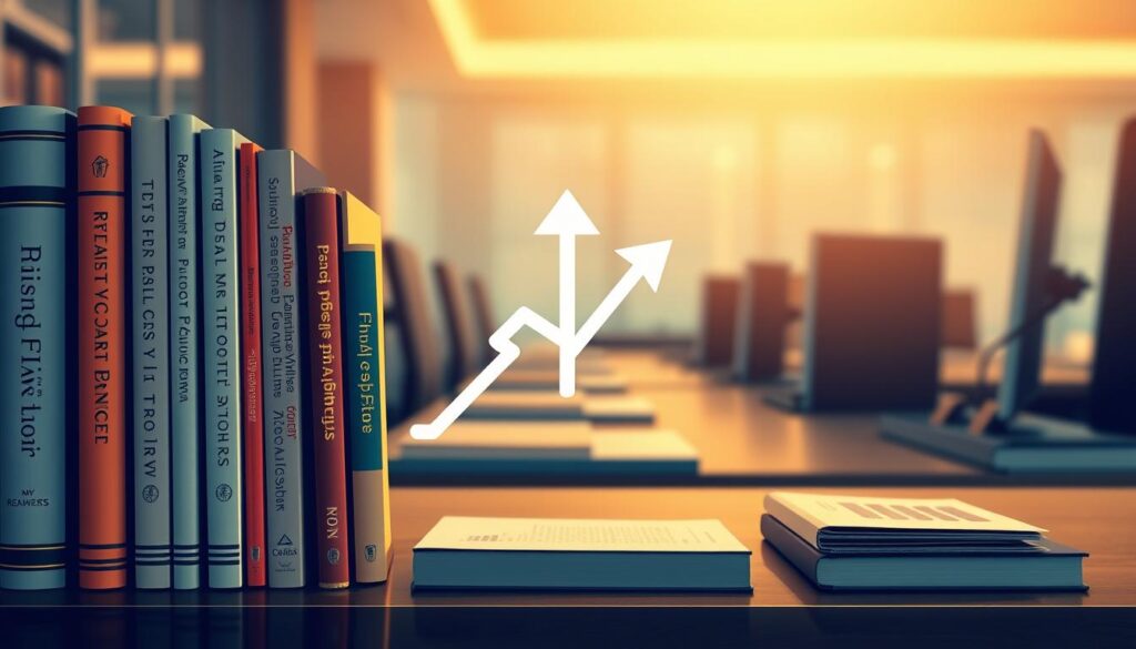 A visually striking illustration featuring an array of respected books displayed prominently in the foreground, their spines representing various finance and investment concepts. The middle ground showcases a subtle graphical representation of upward and downward arrows, embodying the concept of market movements, intertwined with lines that give a sense of reversal and contrast. In the background, a blurred office environment with soft lighting creates a professional atmosphere, suggesting a high-stakes business setting. The scene is illuminated with warm, ambient light, highlighting the books and arrows while casting gentle shadows. The mood conveys seriousness and sophistication, ideal for a focused analysis of reliable versus misleading financial indicators, emphasizing clarity and insight without distractions.