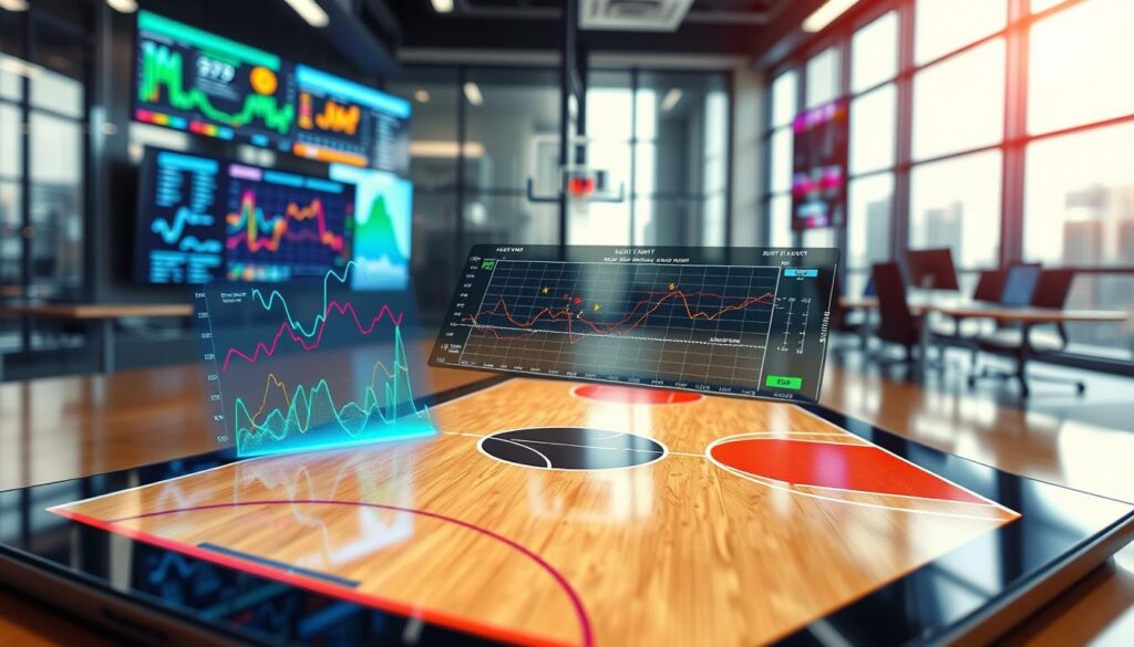 A detailed and engaging image depicting route charts and shot quality feature engineering in sports analytics. In the foreground, a high-tech digital tablet displays intricate, colorful graphs and route algorithms, capturing player-tracking data. In the middle, a dynamic visualization of a basketball court overlays the chart, illustrating shot distances, contest levels, and burst metrics with arrows and icons showing player movement. The background features a sleek, modern sports analytics office with transparent screens and live data feeds, bathed in bright, natural lighting to convey a professional atmosphere. Angles should emphasize the depth of the analytics while maintaining clarity. The overall mood is innovative and forward-thinking, highlighting the impact of data-driven sports strategies. A detailed and engaging image depicting route charts and shot quality feature engineering in sports analytics. In the foreground, a high-tech digital tablet displays intricate, colorful graphs and route algorithms, capturing player-tracking data. In the middle, a dynamic visualization of a basketball court overlays the chart, illustrating shot distances, contest levels, and burst metrics with arrows and icons showing player movement. The background features a sleek, modern sports analytics office with transparent screens and live data feeds, bathed in bright, natural lighting to convey a professional atmosphere. Angles should emphasize the depth of the analytics while maintaining clarity. The overall mood is innovative and forward-thinking, highlighting the impact of data-driven sports strategies.