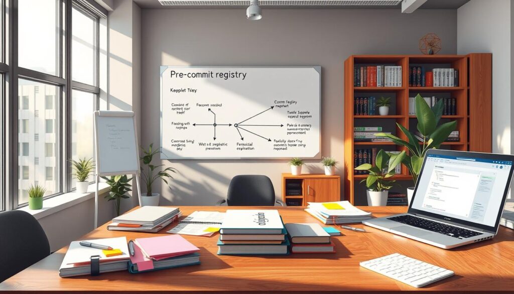 A detailed, digital illustration of an experiment registry example in a sleek, modern office. In the foreground, a wooden desk is cluttered with neatly organized notebooks, colorful sticky notes, and a laptop displaying a clean interface of the experiment registry. In the middle ground, a large whiteboard features a flowchart that outlines pre-commit hypotheses with connecting arrows, showcasing a systematic approach to reporting. The background has shelves filled with books on data analysis and backtesting methodologies, along with potted plants for an inviting atmosphere. Soft, natural lighting pours in through a large window, casting gentle shadows. The overall mood is professional, inspiring a sense of focused productivity and collaboration in a corporate environment. A detailed, digital illustration of an experiment registry example in a sleek, modern office. In the foreground, a wooden desk is cluttered with neatly organized notebooks, colorful sticky notes, and a laptop displaying a clean interface of the experiment registry. In the middle ground, a large whiteboard features a flowchart that outlines pre-commit hypotheses with connecting arrows, showcasing a systematic approach to reporting. The background has shelves filled with books on data analysis and backtesting methodologies, along with potted plants for an inviting atmosphere. Soft, natural lighting pours in through a large window, casting gentle shadows. The overall mood is professional, inspiring a sense of focused productivity and collaboration in a corporate environment.