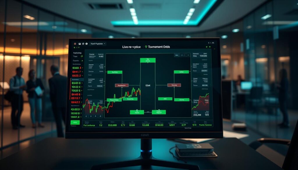 A digital visualization representing "live re-price tournament odds" with a sleek user interface appearance. In the foreground, display a sophisticated computer screen with dynamic graphs and odds fluctuating in real-time, showcasing a vibrant color palette of greens and reds. In the middle, include abstract representations of tournament brackets, layered and semi-transparent, indicating match outcomes and potential pathways for teams. In the background, a modern, illuminated office environment with subtle reflections on glass walls, suggesting a busy atmosphere of analysts at work. Use soft, focused lighting to highlight the screen while creating a professional mood. The image should evoke a sense of urgency and insight into the analytics behind sports betting, emphasizing the importance of updating odds post-match results. The angle is a slight overhead shot, capturing both the screen and the environment effectively. A digital visualization representing "live re-price tournament odds" with a sleek user interface appearance. In the foreground, display a sophisticated computer screen with dynamic graphs and odds fluctuating in real-time, showcasing a vibrant color palette of greens and reds. In the middle, include abstract representations of tournament brackets, layered and semi-transparent, indicating match outcomes and potential pathways for teams. In the background, a modern, illuminated office environment with subtle reflections on glass walls, suggesting a busy atmosphere of analysts at work. Use soft, focused lighting to highlight the screen while creating a professional mood. The image should evoke a sense of urgency and insight into the analytics behind sports betting, emphasizing the importance of updating odds post-match results. The angle is a slight overhead shot, capturing both the screen and the environment effectively.