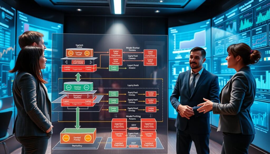 A dynamic and informative visual representation of a model stacking meta-model in the context of ensemble modeling. In the foreground, a diverse group of three professionals, dressed in professional business attire, is engaged in an animated discussion around a large digital display showcasing layered models and data flows. The middle ground features intricate graphics of stacked models, each with distinct colors and indicators of performance metrics, like accuracy and variance. In the background, a high-tech office setting with transparent screens and charts highlights the complexities of data leakage and model optimization. Bright, focused lighting emphasizes the models, creating a sense of urgency and excitement. The mood is collaborative and innovative, reflecting the cutting-edge nature of sports betting analytics.