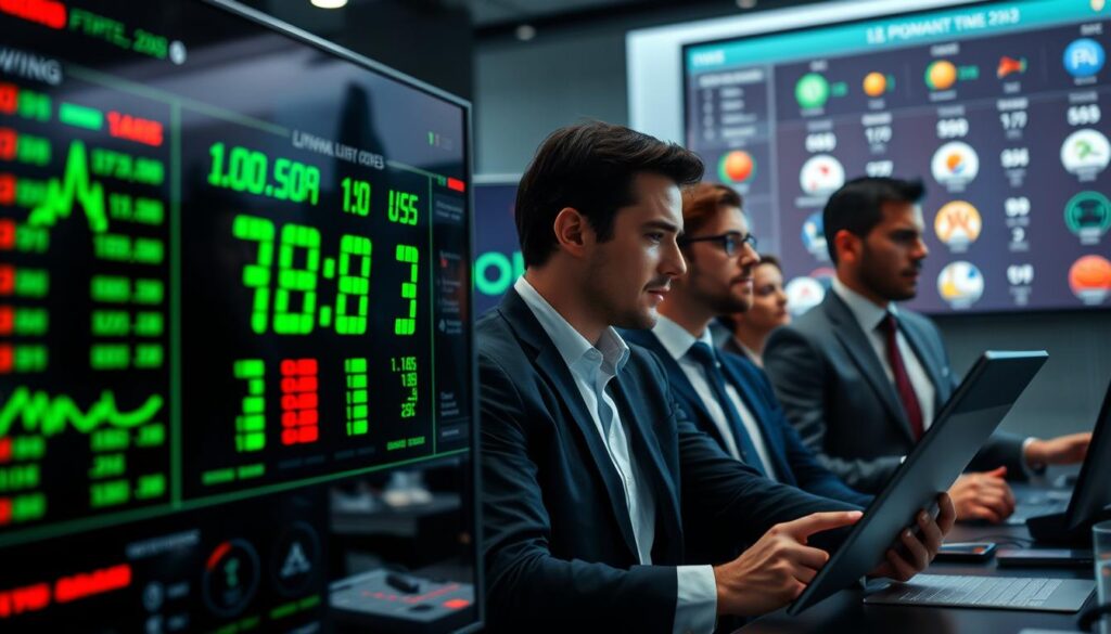 A dynamic and visually engaging digital representation of live betting odds updating in real-time. In the foreground, a high-tech dashboard displays fluctuating numerical values in bright green and red, indicating winning and losing stakes. The middle ground features a diverse group of professionals in business attire, intently analyzing their screens, showcasing emotions of concentration and excitement. In the background, a large, sleek monitor displays a constantly changing graph and various sports icons, symbolizing different betting markets. The lighting is bright with a high-contrast atmosphere, emphasizing the urgency and intensity of live betting. The image should evoke a sense of immediacy and professionalism, capturing the essence of data-driven decision-making in a fast-paced environment.