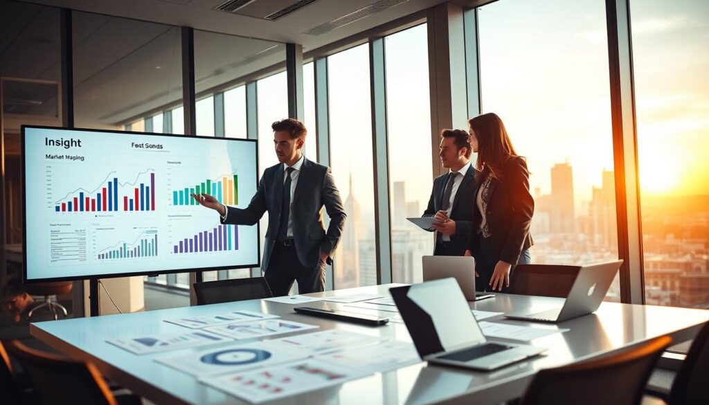 A dynamic office environment showcasing a professional team reviewing a betting strategy framework. In the foreground, a diverse group of three individuals in professional attire – a Caucasian woman, a Black man, and an Asian woman – collaboratively examining charts and graphs on a large digital screen, symbolizing "insight." The middle ground features a sleek, modern conference table scattered with papers and a laptop, with visuals of market mapping and risk assessment diagrams displayed. The background consists of floor-to-ceiling windows, revealing a city skyline bathed in warm, golden hour lighting, creating an optimistic and focused atmosphere. The scene captures a sense of urgency and teamwork, emphasizing the transition from insight to actionable strategies in a high-stakes environment. A dynamic office environment showcasing a professional team reviewing a betting strategy framework. In the foreground, a diverse group of three individuals in professional attire – a Caucasian woman, a Black man, and an Asian woman – collaboratively examining charts and graphs on a large digital screen, symbolizing "insight." The middle ground features a sleek, modern conference table scattered with papers and a laptop, with visuals of market mapping and risk assessment diagrams displayed. The background consists of floor-to-ceiling windows, revealing a city skyline bathed in warm, golden hour lighting, creating an optimistic and focused atmosphere. The scene captures a sense of urgency and teamwork, emphasizing the transition from insight to actionable strategies in a high-stakes environment.