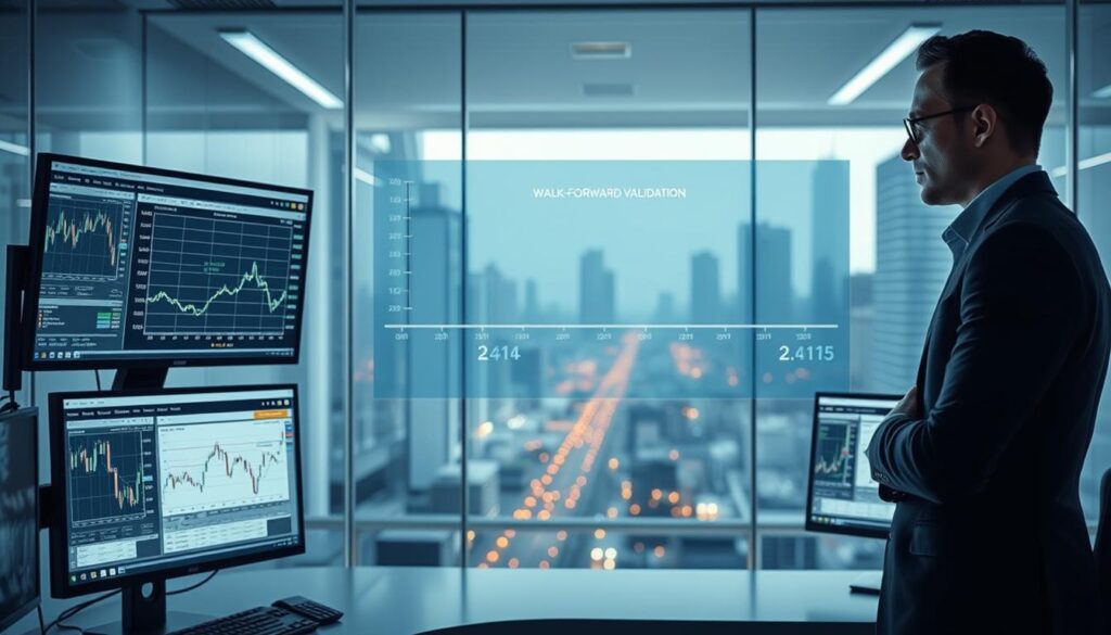 A futuristic office environment with a professional analyst standing in the foreground, intently examining multiple computer screens featuring graphs and data visuals that represent rolling windows of walk-forward validation. The middle ground includes a large transparent screen displaying a timeline with marked embargo periods around specific event dates. Soft, ambient lighting casts gentle shadows, enhancing the focus on the data screens. The background showcases a modern office with glass walls and a view of a bustling city, emphasizing a high-tech atmosphere. The analyst is wearing professional attire, conveying a sense of authority and dedication. The overall mood is analytical and focused, highlighting the rigorous process of financial analysis and backtesting methodology. A futuristic office environment with a professional analyst standing in the foreground, intently examining multiple computer screens featuring graphs and data visuals that represent rolling windows of walk-forward validation. The middle ground includes a large transparent screen displaying a timeline with marked embargo periods around specific event dates. Soft, ambient lighting casts gentle shadows, enhancing the focus on the data screens. The background showcases a modern office with glass walls and a view of a bustling city, emphasizing a high-tech atmosphere. The analyst is wearing professional attire, conveying a sense of authority and dedication. The overall mood is analytical and focused, highlighting the rigorous process of financial analysis and backtesting methodology.