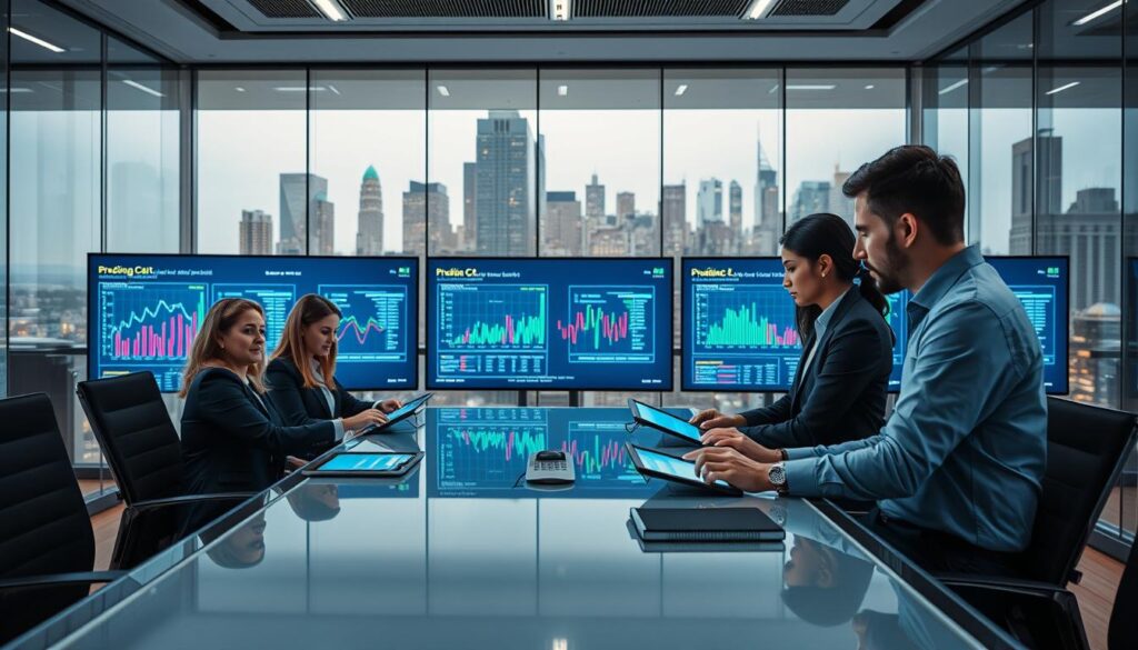 A high-tech analytical environment showcasing predictive modeling of sports data. In the foreground, a diverse group of professionals in business attire collaborates around a sleek, modern conference table, analyzing charts and graphs on futuristic tablets. The middle ground displays large screens with dynamic visualizations, highlighting GLMs, gradient boosting algorithms, and partial pooling techniques, represented through vibrant data flow graphics and player-tracking visuals. The background features a wall of glass with a city skyline, reflecting a sense of innovation and excitement in the air. Soft, focused lighting illuminates the workspace, creating a serious yet engaging atmosphere, captured from a low angle to emphasize teamwork and the cutting-edge technology involved in sports data analysis. The scene evokes a sense of professionalism and forward-thinking in the domain of sports analytics. A high-tech analytical environment showcasing predictive modeling of sports data. In the foreground, a diverse group of professionals in business attire collaborates around a sleek, modern conference table, analyzing charts and graphs on futuristic tablets. The middle ground displays large screens with dynamic visualizations, highlighting GLMs, gradient boosting algorithms, and partial pooling techniques, represented through vibrant data flow graphics and player-tracking visuals. The background features a wall of glass with a city skyline, reflecting a sense of innovation and excitement in the air. Soft, focused lighting illuminates the workspace, creating a serious yet engaging atmosphere, captured from a low angle to emphasize teamwork and the cutting-edge technology involved in sports data analysis. The scene evokes a sense of professionalism and forward-thinking in the domain of sports analytics.