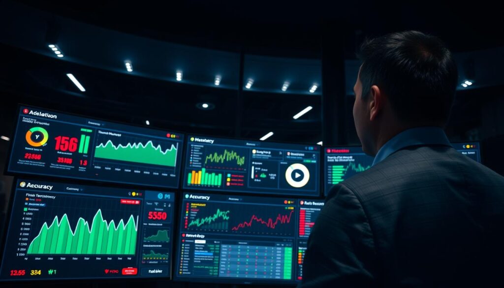 A modern monitoring dashboard design set in a dimly lit control room. In the foreground, a sleek, multi-screen display shows various analytics charts, graphs, and alert notifications with vibrant colors, highlighting key performance indicators of a betting system. The middle ground features a sophisticated user interface design with sections dedicated to latency and accuracy metrics, along with interactive elements for real-time monitoring. The background reveals a faint glow from LED lights, creating a high-tech atmosphere. A business professional, dressed in business attire, is focused on the screens, exuding concentration and expertise. The composition includes a wide angle to capture the full scope of the dashboard while maintaining a sense of urgency and importance in monitoring production systems.