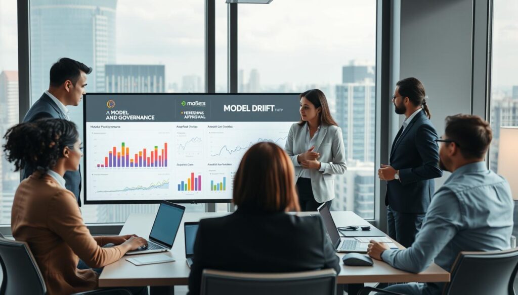 A modern office environment showcasing a group of professionals in business attire engaged in a discussion around a large interactive screen displaying graphs and metrics related to model drift and governance. In the foreground, a diverse team of three individuals -- two men and one woman -- closely examine colorful visualizations of model performance. The middle ground features a neatly organized conference table with laptops, documentation, and model cards, emphasizing the importance of versioning and approval workflows. The background displays a large window with a cityscape view, bathed in soft natural light, creating a productive and focused atmosphere. The image should convey a sense of collaboration and innovation in technology, suitable for illustrating concepts of effective governance in AI model monitoring.