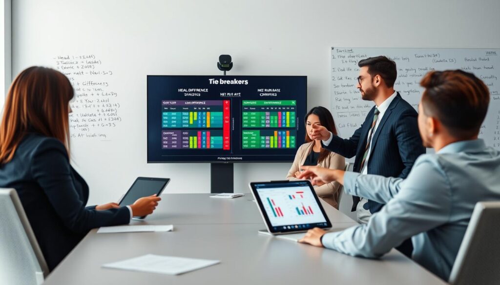 A professional conference room setting where a group of diverse analysts, dressed in business attire, are deeply engaged in a tiebreakers betting analysis. In the foreground, a large screen displays colorful charts and graphs related to head-to-head statistics, goal difference (GD), and net run rate (NRR) for different tournament scenarios. The middle ground features two analysts, one female and one male, examining data on a digital tablet, while another analyst points at the screen. The background has a whiteboard filled with complex equations and notes about pricing implications. Soft, focused lighting enhances the serious atmosphere, captured with a slightly tilted angle to give depth to the room. The overall mood conveys urgency and collaboration as decisions are made based on critical data analysis. A professional conference room setting where a group of diverse analysts, dressed in business attire, are deeply engaged in a tiebreakers betting analysis. In the foreground, a large screen displays colorful charts and graphs related to head-to-head statistics, goal difference (GD), and net run rate (NRR) for different tournament scenarios. The middle ground features two analysts, one female and one male, examining data on a digital tablet, while another analyst points at the screen. The background has a whiteboard filled with complex equations and notes about pricing implications. Soft, focused lighting enhances the serious atmosphere, captured with a slightly tilted angle to give depth to the room. The overall mood conveys urgency and collaboration as decisions are made based on critical data analysis.