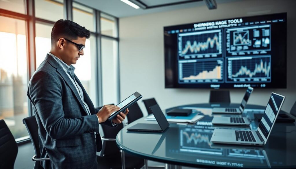A sleek, modern office setting showcases a large digital screen displaying intricate graphs and statistical models related to shrinkage tools, such as ridge/L2, empirical Bayes, and hierarchical pooling. In the foreground, a focused business analyst, dressed in a smart casual outfit, meticulously studies data on a tablet. The middle ground features a sophisticated, glass-topped conference table scattered with documents and laptops. The background displays large windows allowing natural light to pour in, creating a bright and inviting atmosphere. The overall mood is one of analytical precision and collaboration, with soft lighting that emphasizes the data visuals and the analyst's concentration. A subtle depth of field effect, simulating a photographic lens, draws attention to the details of the data analysis while slightly blurring the background elements. A sleek, modern office setting showcases a large digital screen displaying intricate graphs and statistical models related to shrinkage tools, such as ridge/L2, empirical Bayes, and hierarchical pooling. In the foreground, a focused business analyst, dressed in a smart casual outfit, meticulously studies data on a tablet. The middle ground features a sophisticated, glass-topped conference table scattered with documents and laptops. The background displays large windows allowing natural light to pour in, creating a bright and inviting atmosphere. The overall mood is one of analytical precision and collaboration, with soft lighting that emphasizes the data visuals and the analyst's concentration. A subtle depth of field effect, simulating a photographic lens, draws attention to the details of the data analysis while slightly blurring the background elements.