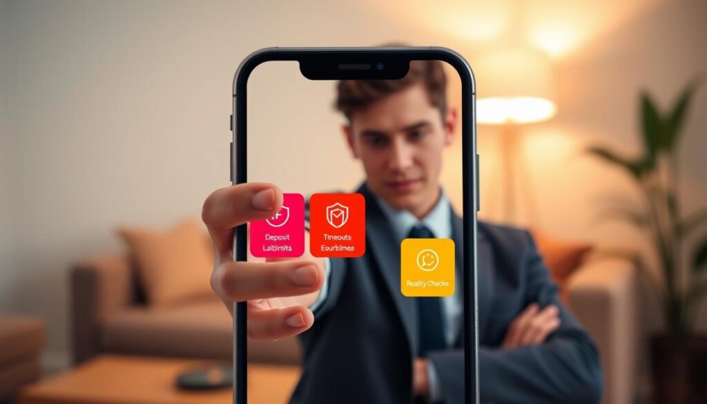 A smartphone screen displaying a sleek betting app interface, prominently featuring icons for "Deposit Limits," "Timeouts," and "Reality Checks." In the foreground, a confident young adult in professional business attire interacts with the app, showcasing a sense of control and responsibility. In the middle, the app's colorful interface is illuminated, highlighting the safety features vividly against a soft, blurred background of a cozy, well-lit living room. The lighting should be warm and inviting, creating an atmosphere of security and trust. Incorporate a modern aesthetic with clean lines and engaging visuals that emphasize responsible betting practices, ensuring the scene conveys a positive and proactive mood.
