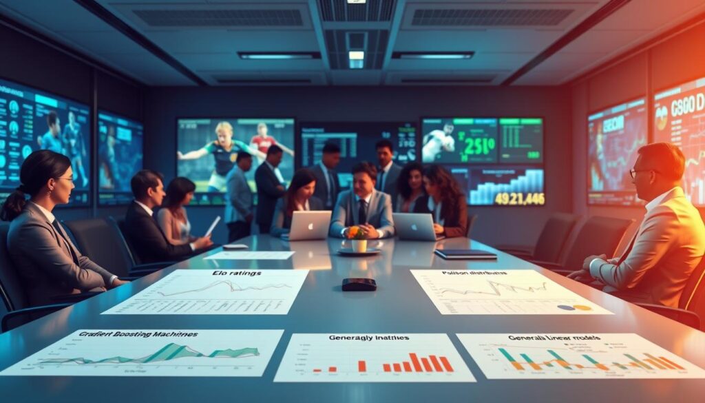 A sophisticated and visually engaging digital illustration of diverse base models for sports betting ensemble. In the foreground, a sleek, modern conference table displays various charts and data sheets representing Elo ratings, Poisson distributions, Gradient Boosting Machines (GBM), and Generalized Linear Models (GLM). In the middle ground, a diverse group of professionals in business attire are collaboratively discussing strategies, with a focus on some using laptops and tablets. The background features a high-tech room with screens showing statistical graphics and sports imagery, illuminated by soft, ambient lighting to create an atmosphere of innovation and collaboration. The image captures a sense of teamwork and analytical prowess, highlighting the complexity and diversity of sports betting models.