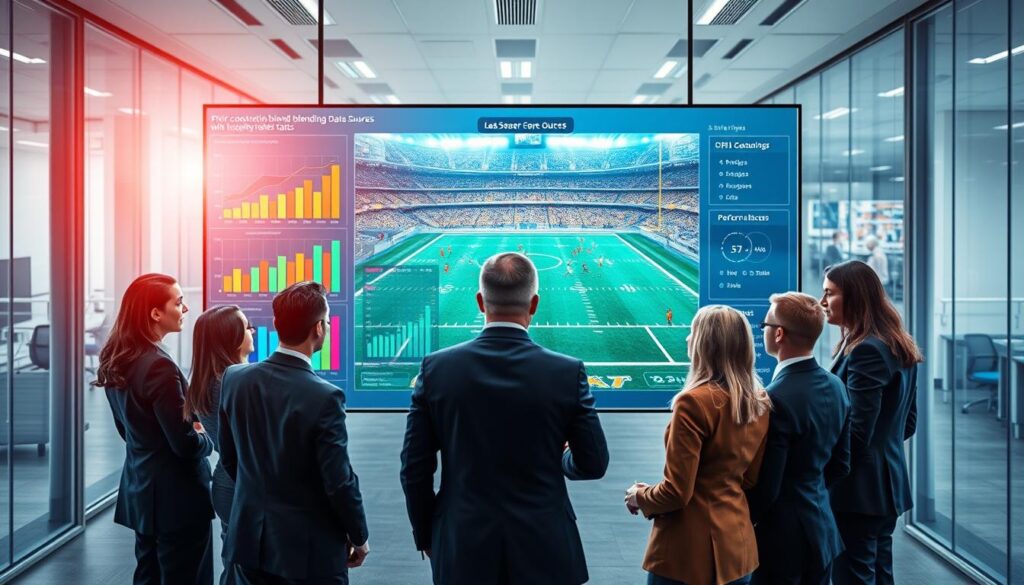 A visually striking composition depicting the concept of "prior construction blending data sources" in a professional analytics environment. In the foreground, a diverse group of analysts in smart business attire are gathered around a large digital touchscreen displaying colorful graphs and charts, symbolizing last season's data blending with projections and scouting notes. In the middle ground, a holographic projection of a seasonal game field shows overlapping data points and performance stats, merging seamlessly. In the background, a modern office setting with glass walls signifies transparency and collaboration. The lighting is bright and clear, creating an optimistic atmosphere, while a slight soft focus lens effect adds depth. The overall mood is one of innovation and strategic foresight in analytics. A visually striking composition depicting the concept of "prior construction blending data sources" in a professional analytics environment. In the foreground, a diverse group of analysts in smart business attire are gathered around a large digital touchscreen displaying colorful graphs and charts, symbolizing last season's data blending with projections and scouting notes. In the middle ground, a holographic projection of a seasonal game field shows overlapping data points and performance stats, merging seamlessly. In the background, a modern office setting with glass walls signifies transparency and collaboration. The lighting is bright and clear, creating an optimistic atmosphere, while a slight soft focus lens effect adds depth. The overall mood is one of innovation and strategic foresight in analytics.