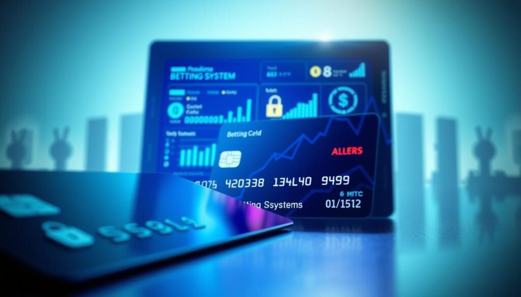 A visually striking illustration of data and payment security tools, set in a modern tech environment. In the foreground, a close-up of a sleek, high-tech credit card with digital security features like holograms and biometric locks, reflecting light subtly. The middle layer showcases a digital interface displaying real-time data analytics related to betting systems, with secure encryption symbols and alerts highlighted. In the background, faint silhouettes of abstract, secure server structures create an ambiance of safety and technology. Soft blue and green lighting casts a calming glow, enhancing the mood of reliability and trust in this security-focused scene, using a dynamic angle that emphasizes depth and technological sophistication. A visually striking illustration of data and payment security tools, set in a modern tech environment. In the foreground, a close-up of a sleek, high-tech credit card with digital security features like holograms and biometric locks, reflecting light subtly. The middle layer showcases a digital interface displaying real-time data analytics related to betting systems, with secure encryption symbols and alerts highlighted. In the background, faint silhouettes of abstract, secure server structures create an ambiance of safety and technology. Soft blue and green lighting casts a calming glow, enhancing the mood of reliability and trust in this security-focused scene, using a dynamic angle that emphasizes depth and technological sophistication.