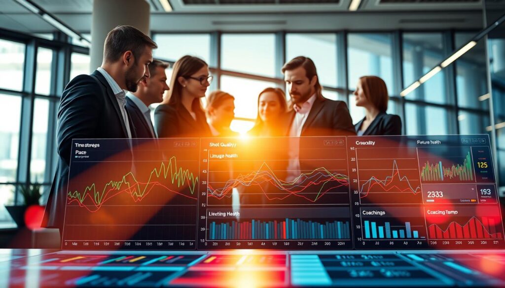 A visually striking illustration of "time series regime models feature targets" set in an analytical environment. In the foreground, a sleek digital dashboard displays graphical representations of key features: pace, shot quality, lineup health, and coaching tempo, depicted through dynamic lines and colorful metrics. In the middle, a diverse group of professional analysts in business attire engage with the dashboard, discussing strategies with intent expressions, emphasizing collaboration and insight. The background features a modern office with large windows allowing natural light to brighten the scene, highlighting an atmosphere of innovation and professionalism. Use a sharp focus to capture fine details in the dashboard, with a slight blur in the background to emphasize the analysts. The light should be warm and inviting, creating a motivating and analytical mood that conveys expertise and forward-thinking in time-series analysis. A visually striking illustration of "time series regime models feature targets" set in an analytical environment. In the foreground, a sleek digital dashboard displays graphical representations of key features: pace, shot quality, lineup health, and coaching tempo, depicted through dynamic lines and colorful metrics. In the middle, a diverse group of professional analysts in business attire engage with the dashboard, discussing strategies with intent expressions, emphasizing collaboration and insight. The background features a modern office with large windows allowing natural light to brighten the scene, highlighting an atmosphere of innovation and professionalism. Use a sharp focus to capture fine details in the dashboard, with a slight blur in the background to emphasize the analysts. The light should be warm and inviting, creating a motivating and analytical mood that conveys expertise and forward-thinking in time-series analysis.