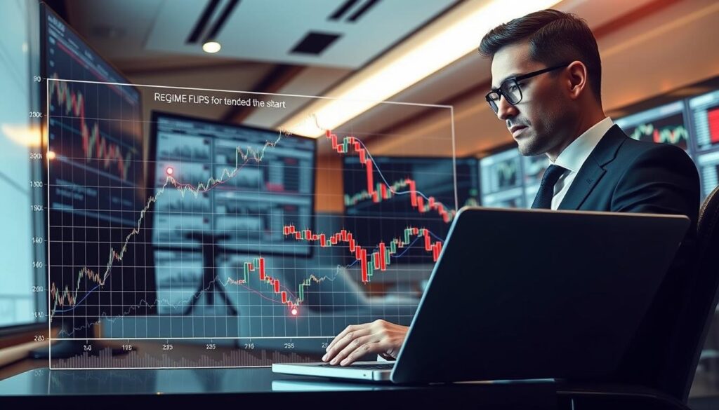 A visually striking illustration of trading rules in the context of time series regime models. In the foreground, depict a sophisticated financial analyst in professional attire, analyzing data on a sleek laptop. Surround him with dynamic graphs showing upward and downward trends, with highlighted points marking regime flips for entry and exit signals. In the middle ground, display intricate charts and candlestick patterns symbolizing size scaling and market volatility. The background should feature a modern trading office with multiple screens displaying real-time data. Soft, focused lighting creates an atmosphere of concentration and professionalism, enhancing the analytical mood. The perspective should be slightly angled to provide depth, drawing viewers into the world of finance and strategy. A visually striking illustration of trading rules in the context of time series regime models. In the foreground, depict a sophisticated financial analyst in professional attire, analyzing data on a sleek laptop. Surround him with dynamic graphs showing upward and downward trends, with highlighted points marking regime flips for entry and exit signals. In the middle ground, display intricate charts and candlestick patterns symbolizing size scaling and market volatility. The background should feature a modern trading office with multiple screens displaying real-time data. Soft, focused lighting creates an atmosphere of concentration and professionalism, enhancing the analytical mood. The perspective should be slightly angled to provide depth, drawing viewers into the world of finance and strategy.