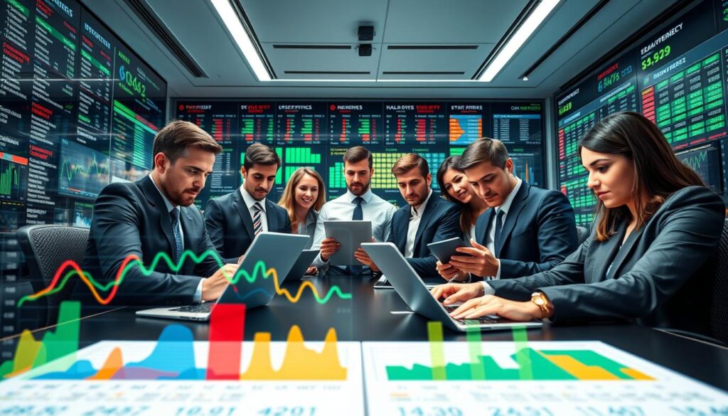 A vivid, informative illustration of building priors in Bayesian statistics for live betting. In the foreground, conceptual illustrations of various sports metrics, like team strength and pace, are represented as colorful graphs and charts. The middle ground features a diverse group of professionals in smart business attire, deeply engaged in analyzing data on laptops and tablets. They exhibit expressions of concentration and insight. The background is a sleek, modern sports analytics office filled with digital displays of real-time statistics and injury reports. Soft, focused lighting casts a professional atmosphere, highlighting the seriousness of data analysis. The angle captures a dynamic viewpoint, as if the viewer is part of the discussion, emphasizing collaboration and strategic thinking in sports betting analytics.