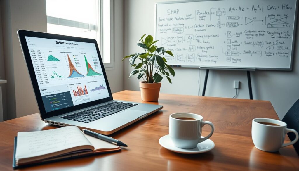 A well-organized data analysis workspace featuring a computer display showcasing SHAP (SHapley Additive exPlanations) feature importance graphs. In the foreground, a sleek laptop sits on a polished wooden desk, its screen filled with colorful SHAP summary plots and decision trees. Beside it, a notebook with handwritten notes and a pen indicates active analysis. In the middle ground, a potted plant adds a touch of liveliness, while a coffee cup suggests a long study session. The background shows a whiteboard filled with mathematical equations and flowcharts related to AI modeling techniques. Soft, diffused natural lighting illuminates the scene from a nearby window, creating a calm, focused atmosphere perfect for deep learning and explainable AI discussions. A well-organized data analysis workspace featuring a computer display showcasing SHAP (SHapley Additive exPlanations) feature importance graphs. In the foreground, a sleek laptop sits on a polished wooden desk, its screen filled with colorful SHAP summary plots and decision trees. Beside it, a notebook with handwritten notes and a pen indicates active analysis. In the middle ground, a potted plant adds a touch of liveliness, while a coffee cup suggests a long study session. The background shows a whiteboard filled with mathematical equations and flowcharts related to AI modeling techniques. Soft, diffused natural lighting illuminates the scene from a nearby window, creating a calm, focused atmosphere perfect for deep learning and explainable AI discussions.