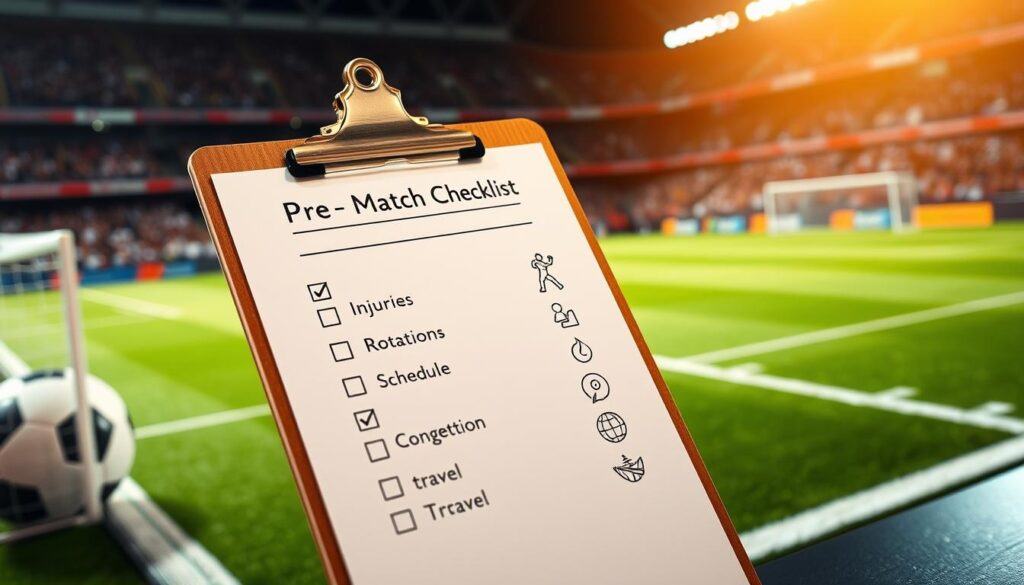 A detailed checklist for soccer betting basics, visually represented in an organized format. In the foreground, a clipboard displaying a clear, bulleted list titled “Pre-Match Checklist” with items like “Injuries,” “Rotations,” “Schedule Congestion,” and “Travel.” The middle ground features a soccer field, with subtle visual elements like injured player icons and travel graphics subtly integrated around the checklist. The background shows a blurred stadium filled with fans, enhancing the sports atmosphere. Soft, natural lighting illuminates the scene, creating a professional and focused ambiance. The composition captures a sense of preparation and analytical thinking, suitable for data-minded sports fans. The angle is slightly elevated, giving a comprehensive view of the checklist against the dynamic backdrop.