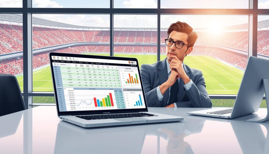 A detailed illustration of a professional setting focused on "CLV tracking for soccer tickets." In the foreground, a sleek, modern desk with a laptop open to a colorful spreadsheet displaying soccer ticket pricing trends and odds movements. In the middle ground, a focused professional in business attire, analyzing the data with a thoughtful expression, with charts and graphs visible on the laptop screen. In the background, a large window reveals a sunny soccer stadium, enhancing the sports theme. The atmosphere is bright and optimistic with ample natural light streaming in, creating a productive mood. The scene should be captured from a slightly elevated angle to showcase both the workspace and the vibrant stadium outside.