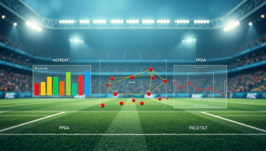 A detailed soccer analytics data visualization focusing on xG (expected goals), xThreat, PPDA (passes per defensive action), and field tilt. In the foreground, a modern soccer pitch is illustrated, overlaid with colorful charts and graphs displaying these metrics, such as bar graphs and heat maps. The middle layer captures animated movement lines representing player positions, highlighting the tactical aspects of a match. The background includes a blurred stadium filled with fans, enhancing the atmosphere of excitement and engagement. The scene is illuminated by soft, ambient stadium lights, creating a professional yet dynamic environment. The overall mood should be analytical, sophisticated, and visually engaging, reflecting the complexity of soccer analytics.