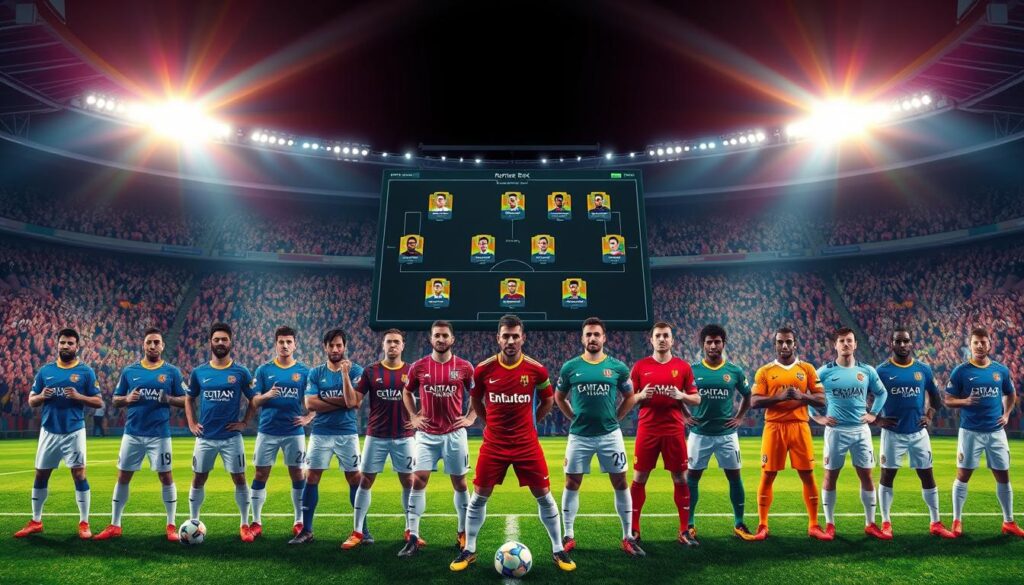 A detailed soccer lineup illustration capturing the concept of "rotation risk" in team strategy. In the foreground, show a diverse group of professional players in neatly organized uniforms representing EPL, UCL, and MLS. They are strategically arranged in a formation, displaying expressions of focus and determination. In the middle ground, depict a digital screen with player statistics and rotation charts, with colorful graphics showing potential lineup changes. The background features a stadium atmosphere filled with cheering fans under bright, focused stadium lights, creating an energetic and engaging environment. Use a dynamic angle to emphasize the action and depth, with a clear focus on the lineup strategy, conveying a sense of excitement and analysis in sports betting culture. The mood should be intense and strategic, embodying the tactical aspects of modern soccer gameplay.