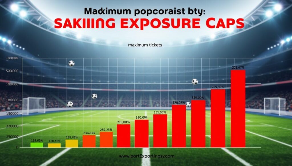 A detailed staking exposure caps chart visualizing maximum tickets per match and per day for a soccer-themed bankroll system. The foreground features clear, vibrant bars representing the exposure caps, colored in shades of green and red to indicate appropriate and exceeded limits. The middle layer presents a grid background with soccer-related icons subtly integrated—like soccer balls and goal posts—alongside a sleek axis for clarity. The background showcases a stylized soccer stadium with dim lighting to emphasize the chart in the foreground, giving it a professional, analytical atmosphere. The image should reflect precision and organization, capturing the essence of sports betting strategy, with no text or other disruptive elements.