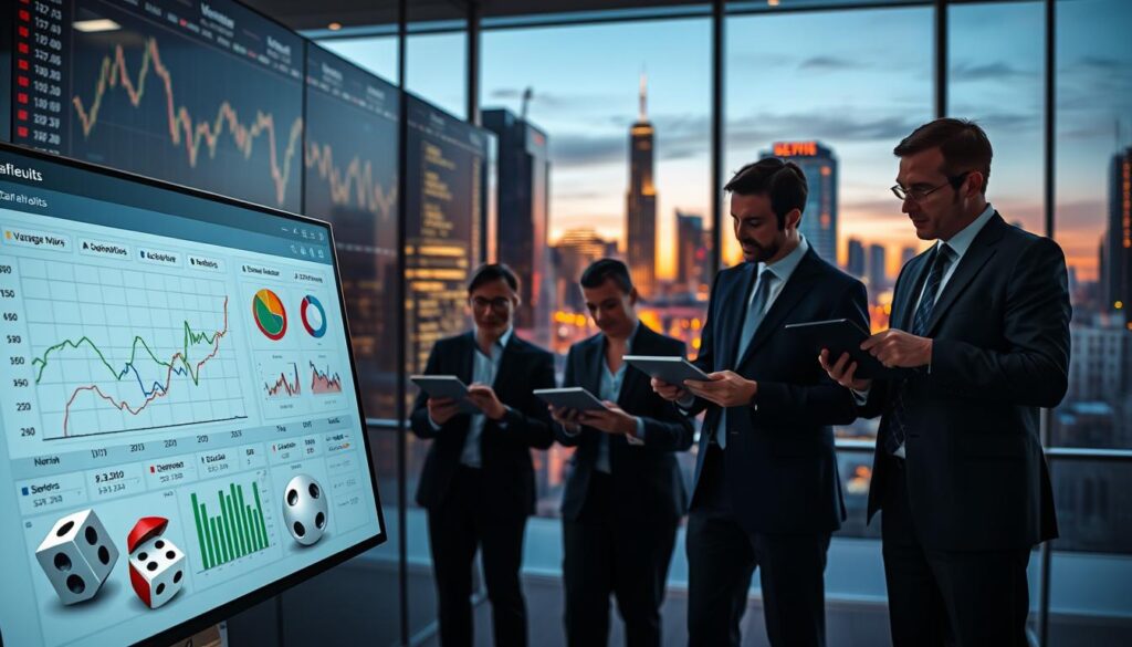 A detailed visualization representing "weekly variance attribution" and "luck audits" within the context of financial analytics. In the foreground, depict a sleek digital dashboard showcasing graphs and charts illustrating variance metrics and Sharpe ratios. Include stylized representations of luck and uncertainty, such as dice or random number generators. In the middle, place professional individuals in business attire, examining data on tablets or laptops in a modern, well-lit office environment, collaborating and discussing results. The background should feature large screens displaying fluctuating stock market lines and financial metrics against a city skyline view at dusk. Utilize soft, warm lighting to create a professional yet contemplative mood, suitable for serious analytical discussions. Aim for a crisp, clear image with a balanced composition that emphasizes analytical diligence amidst financial dynamics. A detailed visualization representing "weekly variance attribution" and "luck audits" within the context of financial analytics. In the foreground, depict a sleek digital dashboard showcasing graphs and charts illustrating variance metrics and Sharpe ratios. Include stylized representations of luck and uncertainty, such as dice or random number generators. In the middle, place professional individuals in business attire, examining data on tablets or laptops in a modern, well-lit office environment, collaborating and discussing results. The background should feature large screens displaying fluctuating stock market lines and financial metrics against a city skyline view at dusk. Utilize soft, warm lighting to create a professional yet contemplative mood, suitable for serious analytical discussions. Aim for a crisp, clear image with a balanced composition that emphasizes analytical diligence amidst financial dynamics.
