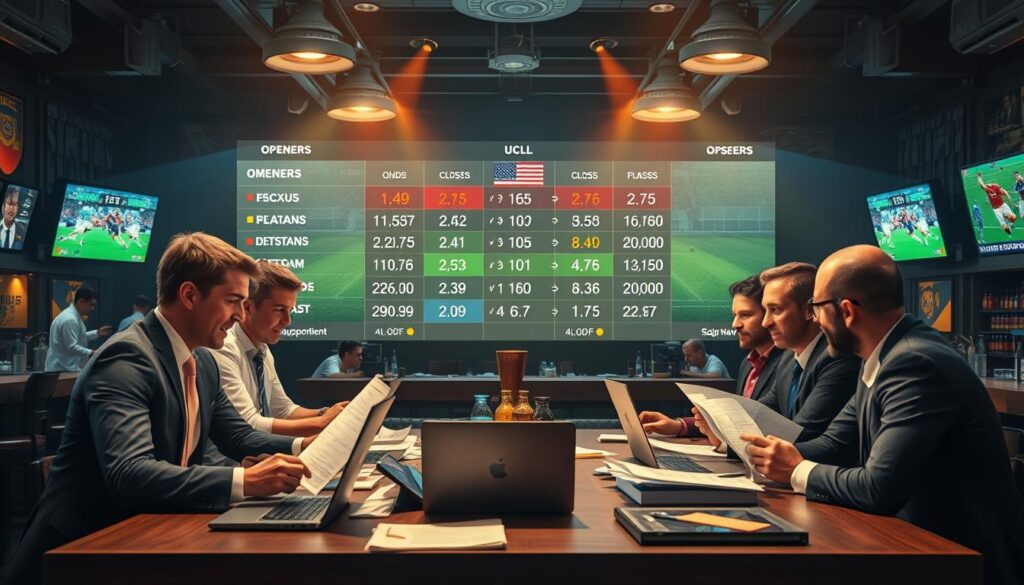 A dynamic and informative scene illustrating "Odds Timing Strategy" in sports betting. Foreground: a diverse group of professionals in business attire, engaged in intense discussions over odds and statistics, with laptops and data sheets spread around them. Middle ground: a large digital display showing fluctuating betting odds for soccer leagues like EPL, UCL, and MLS, with highlighted openers and close odds in contrasting colors. Background: a vibrant sports bar atmosphere with soccer memorabilia on the walls and multiple screens broadcasting live matches, creating a lively ambiance. Bright, focused lighting emphasizes the professionals, while softer lights illuminate the background, evoking excitement and anticipation. The scene should capture the urgency and analytical nature of betting strategy without supporting text or distractions.